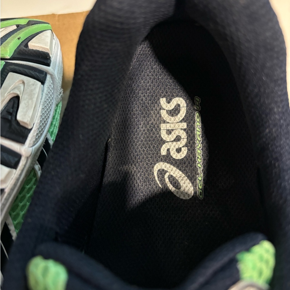 Oasics lime green and midnight blue/black tennis shoes
